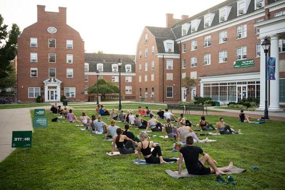数十名bet8九州登录入口的学生在日出时在户外练习瑜伽